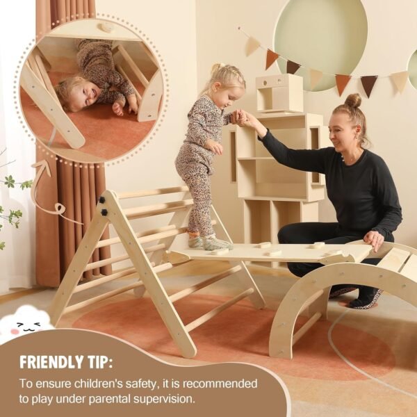 Triangle Set with Cushion, 5 in 1 Montessori Foldable Climbing Set, Climbing Indoor Playground Set for Toddlers, Wooden Climbing Toys with Ramp and Arch Climber for Kids (Wooden Color) – Bild 14
