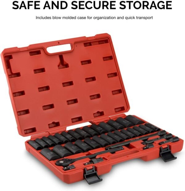 02448A 1/2" Drive Master Impact Socket Set, 65 Piece, Standard SAE (3/8"-1-1/4") & Metric (10-24 mm) Sizes, Deep & Shallow Kit, Includes Adapters & Ratchet Handle – Bild 12