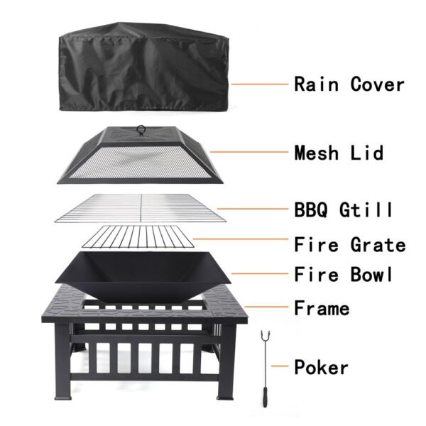 Uhomepro 32" Wood Burning Fire Pit Tables with Screen Lid, Poker, BBQ Net, Ice Tray, Food Clip and Cover – Bild 9