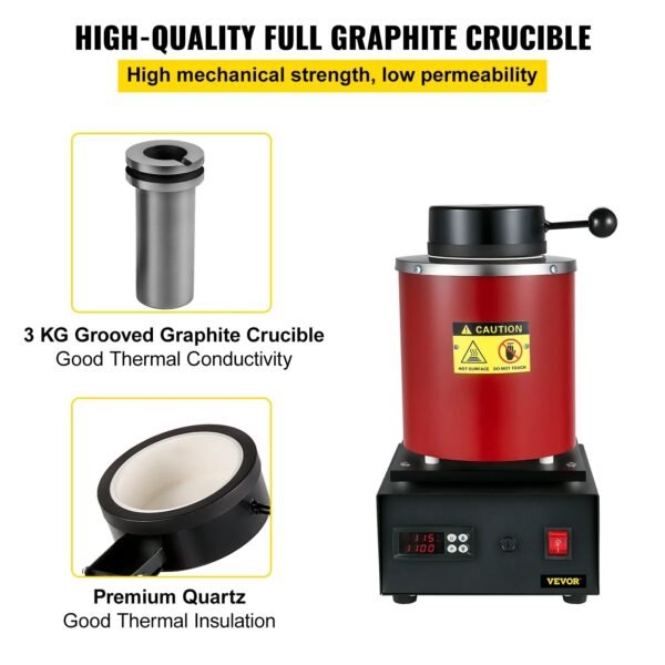 VEVOR Electric Melting Furnace, 3KG Digital Electric Melting Furnace, 1750W 1150℃/2102 ℉ Gold Smelter Furnace W/ Graphite Crucible & Ingot Die for Processing of Melting Gold, Silver, Copper, Aluminum – Bild 3