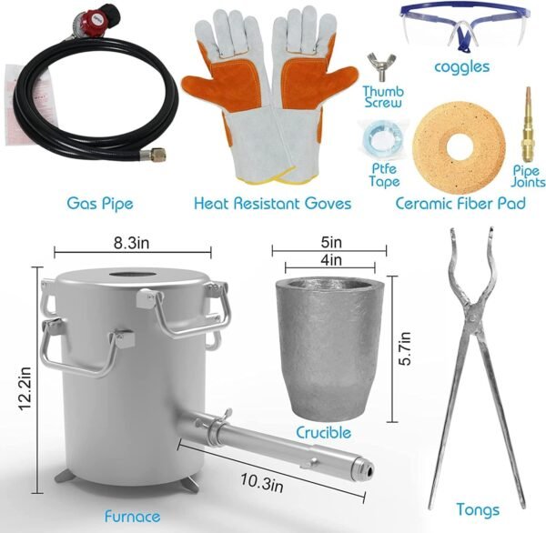 XCHENBI Propane Melting Furnace Kits, 6kg(13LB) Graphite Crucible, Up to 2372°F, Made of Steel Barrel, Smelt Metal,with Goggles and High Temperature Gloves – Bild 5