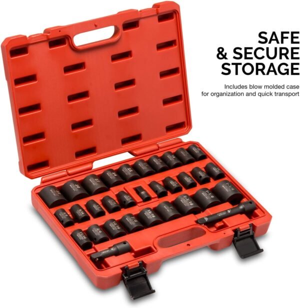 02448A 1/2" Drive Master Impact Socket Set, 65 Piece, Standard SAE (3/8"-1-1/4") & Metric (10-24 mm) Sizes, Deep & Shallow Kit, Includes Adapters & Ratchet Handle – Bild 29