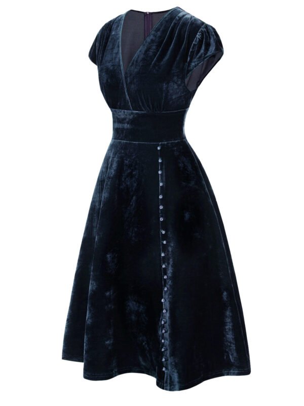 Green 1940s Deep V-Neck Pearl Velvet Dress – Bild 11