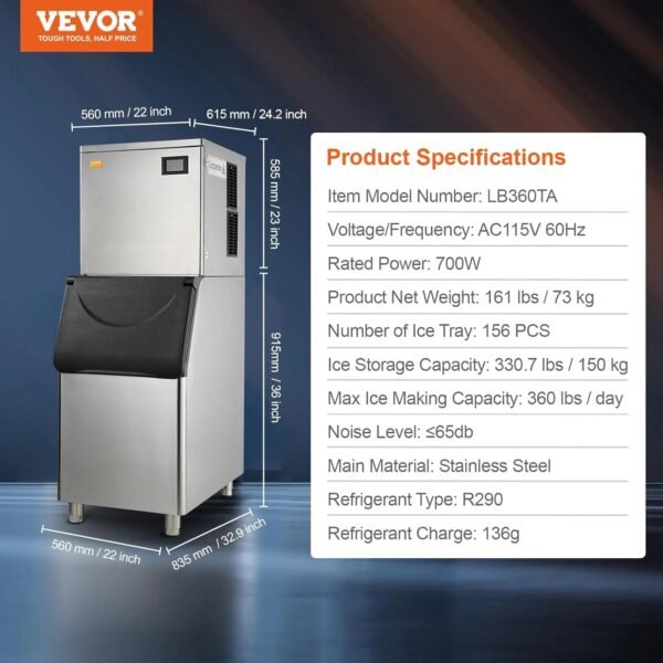 VEVOR Commercial Ice Maker, 360LBS/24H Ice Making Machine with 330.7LBS Large Storage Bin – Bild 6