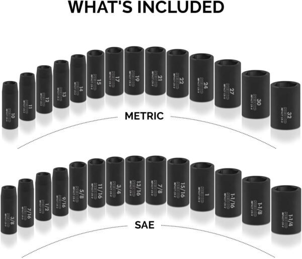 02448A 1/2" Drive Master Impact Socket Set, 65 Piece, Standard SAE (3/8"-1-1/4") & Metric (10-24 mm) Sizes, Deep & Shallow Kit, Includes Adapters & Ratchet Handle – Bild 15