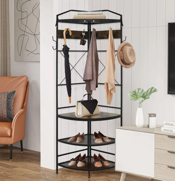 XINGAN 3-in-1 Entryway Coat Rack, Industrial Hall Tree Corner Cloth Rack with Bench Hallway Coat and Shoe Rack for Corner, Entryway Organizer with Metal Shoe Storage for Hallway, Corner, Entrance,Brow – Bild 8