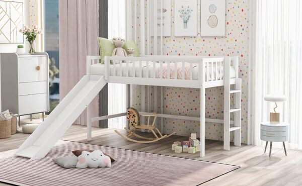 :Low Loft Bed with Slide and Ladder, Twin Size, White - Fun Slide, Space-Saving Design, Perfect for Kids – Bild 6