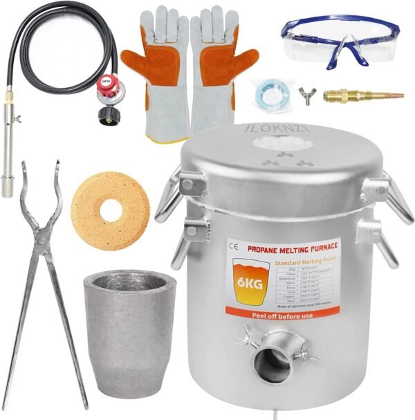 XCHENBI Propane Melting Furnace Kits, 6kg(13LB) Graphite Crucible, Up to 2372°F, Made of Steel Barrel, Smelt Metal,with Goggles and High Temperature Gloves