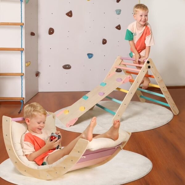 Triangle Set with Cushion, 5 in 1 Montessori Foldable Climbing Set, Climbing Indoor Playground Set for Toddlers, Wooden Climbing Toys with Ramp and Arch Climber for Kids (Wooden Color) – Bild 24