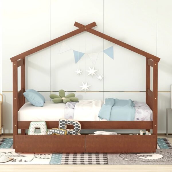 Upgrade your bedroom decor with this cozy and elegant Twin Size Wooden House Bed. Featuring spacious drawers and a stylish walnut finish this bed is the perfect addition to your bedroom. – Bild 2