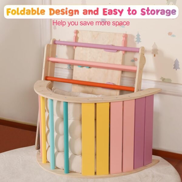 Triangle Set with Cushion, 5 in 1 Montessori Foldable Climbing Set, Climbing Indoor Playground Set for Toddlers, Wooden Climbing Toys with Ramp and Arch Climber for Kids (Wooden Color) – Bild 19