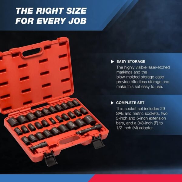 02448A 1/2" Drive Master Impact Socket Set, 65 Piece, Standard SAE (3/8"-1-1/4") & Metric (10-24 mm) Sizes, Deep & Shallow Kit, Includes Adapters & Ratchet Handle – Bild 25