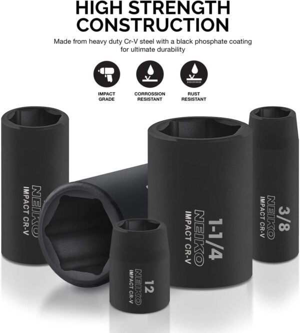 02448A 1/2" Drive Master Impact Socket Set, 65 Piece, Standard SAE (3/8"-1-1/4") & Metric (10-24 mm) Sizes, Deep & Shallow Kit, Includes Adapters & Ratchet Handle – Bild 17