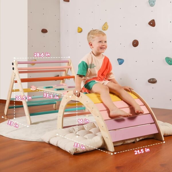 Triangle Set with Cushion, 5 in 1 Montessori Foldable Climbing Set, Climbing Indoor Playground Set for Toddlers, Wooden Climbing Toys with Ramp and Arch Climber for Kids (Wooden Color) – Bild 18