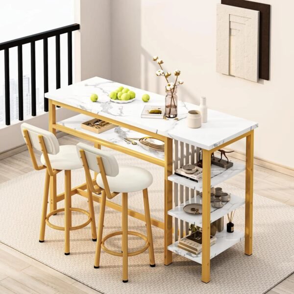 3-Piece Bar Table and Chairs Set, Modern White Faux Marble Table with 2 PU Cushion Bar Stools, Kitchen Counter with 3 Tier Storage Shelves, Space Saving Table for Home & Kitchen, Gold Frame – Bild 2