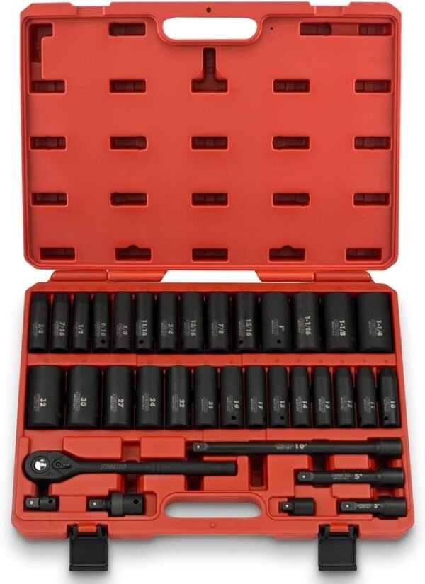 02448A 1/2" Drive Master Impact Socket Set, 65 Piece, Standard SAE (3/8"-1-1/4") & Metric (10-24 mm) Sizes, Deep & Shallow Kit, Includes Adapters & Ratchet Handle – Bild 11