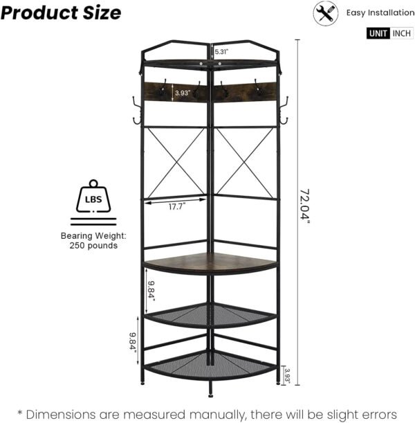 XINGAN 3-in-1 Entryway Coat Rack, Industrial Hall Tree Corner Cloth Rack with Bench Hallway Coat and Shoe Rack for Corner, Entryway Organizer with Metal Shoe Storage for Hallway, Corner, Entrance,Brow – Bild 6