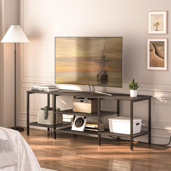 TV Stand with Power Outlets to 75 Inches, TV Console Table with Open Storage Shelves Cabinet, Industrial Media Entertainment Center for Living Room Bedroom, Rustic Brown and Black BF60DS01 – Bild 27