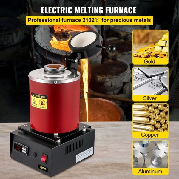 VEVOR Electric Melting Furnace, 3KG Digital Electric Melting Furnace, 1750W 1150℃/2102 ℉ Gold Smelter Furnace W/ Graphite Crucible & Ingot Die for Processing of Melting Gold, Silver, Copper, Aluminum – Bild 2