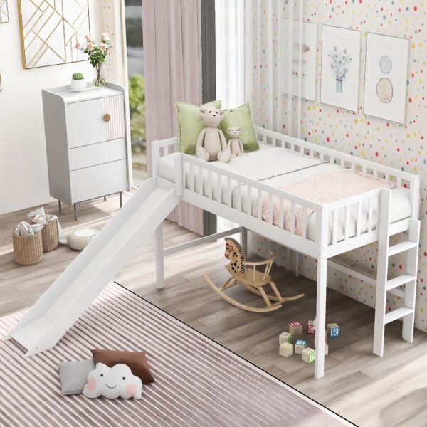 :Low Loft Bed with Slide and Ladder, Twin Size, White - Fun Slide, Space-Saving Design, Perfect for Kids – Bild 3