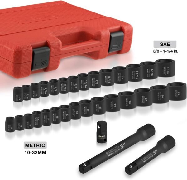 02448A 1/2" Drive Master Impact Socket Set, 65 Piece, Standard SAE (3/8"-1-1/4") & Metric (10-24 mm) Sizes, Deep & Shallow Kit, Includes Adapters & Ratchet Handle – Bild 30
