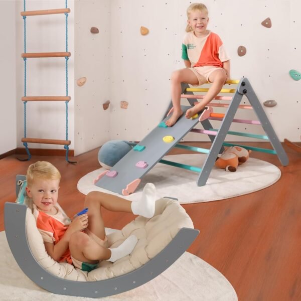 Triangle Set with Cushion, 5 in 1 Montessori Foldable Climbing Set, Climbing Indoor Playground Set for Toddlers, Wooden Climbing Toys with Ramp and Arch Climber for Kids (Wooden Color) – Bild 5