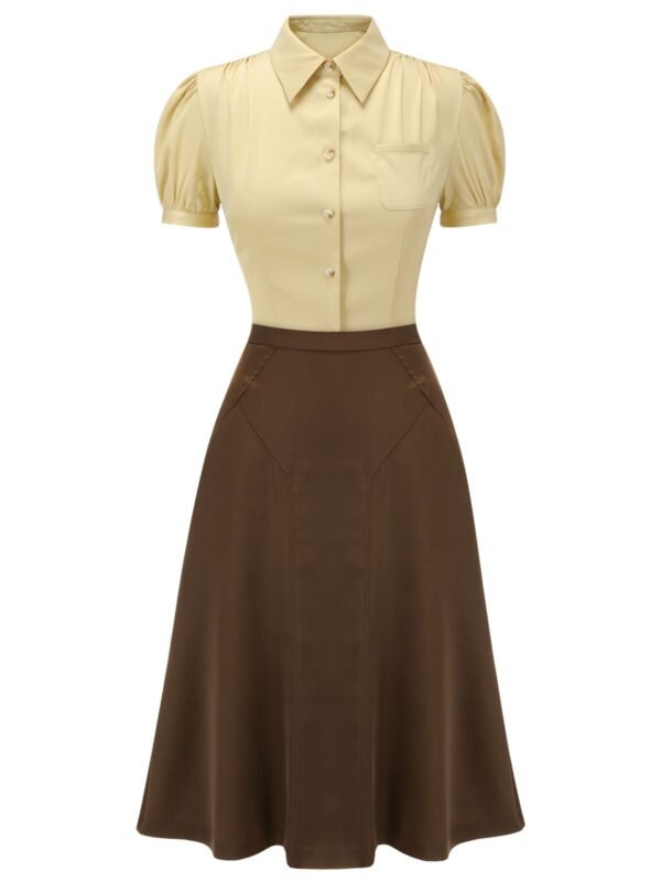 2PCS Lapel Puff Sleeve Solid Blouse & High Waist Skirt – Bild 2