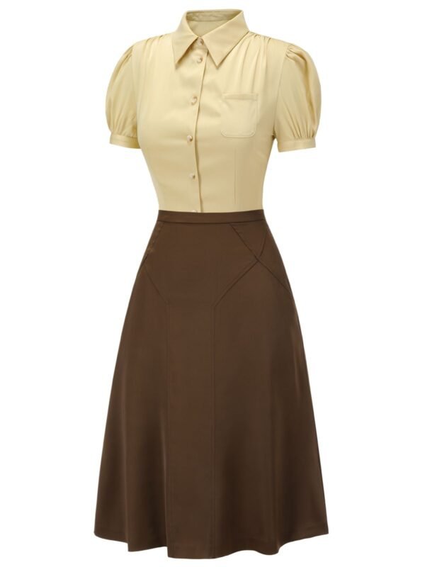 2PCS Lapel Puff Sleeve Solid Blouse & High Waist Skirt – Bild 3