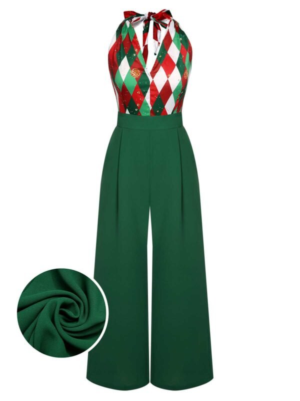 Green 1930s Christmas Plaid Lace Patchwork Jumpsuit – Bild 2