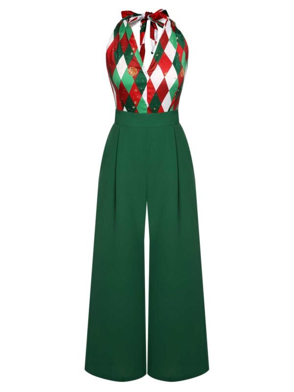 Green 1930s Christmas Plaid Lace Patchwork Jumpsuit – Bild 3