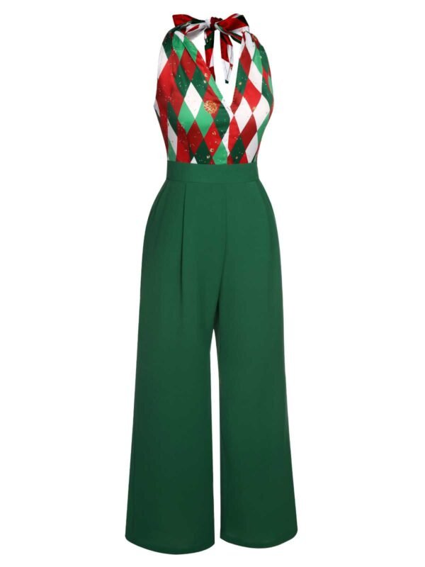 Green 1930s Christmas Plaid Lace Patchwork Jumpsuit – Bild 4