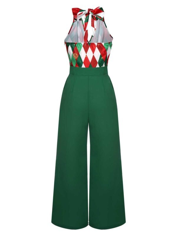 Green 1930s Christmas Plaid Lace Patchwork Jumpsuit – Bild 5
