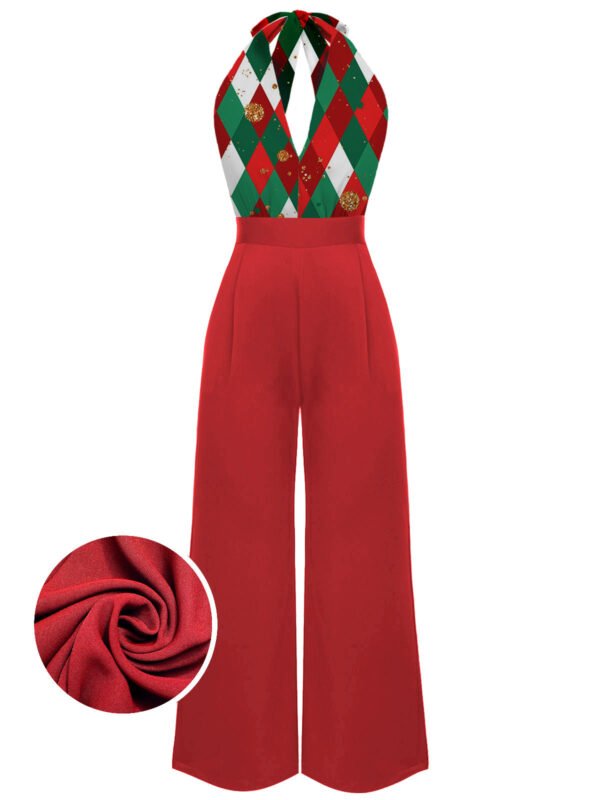 Green 1930s Christmas Plaid Lace Patchwork Jumpsuit – Bild 9