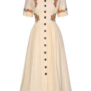 Pure Cotton Beige 1940s V-Neck Floral Dress