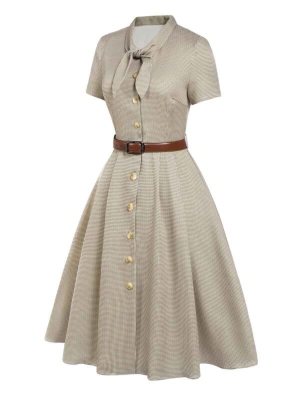 Brown 1940s Small Windowpane Plaid Dress – Bild 3
