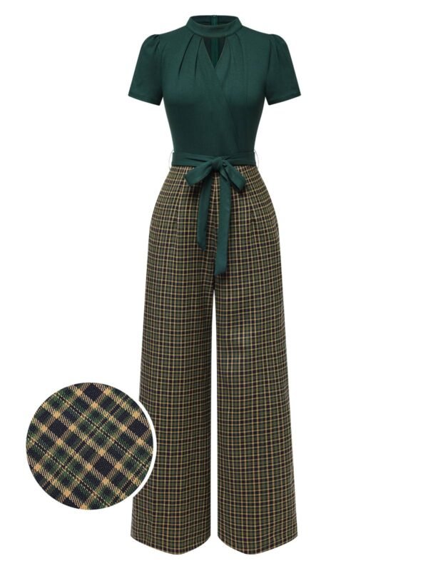 Green 1930s Plaid Keyhole Neck Belted Jumpsuit – Bild 2