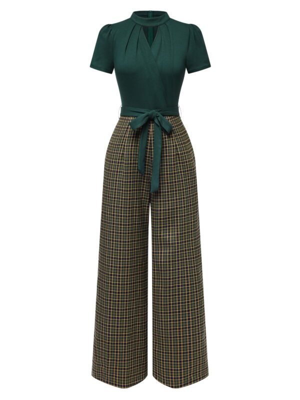 Green 1930s Plaid Keyhole Neck Belted Jumpsuit – Bild 3