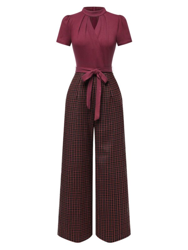 Green 1930s Plaid Keyhole Neck Belted Jumpsuit – Bild 9