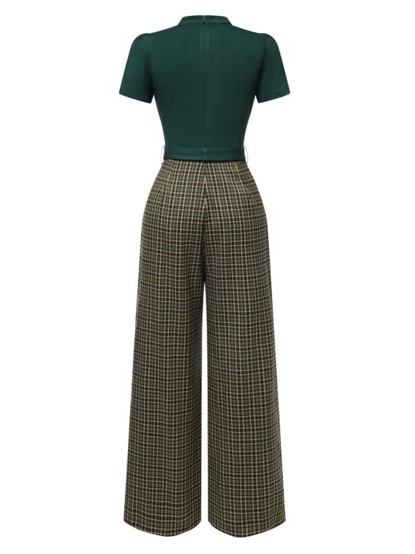 Green 1930s Plaid Keyhole Neck Belted Jumpsuit – Bild 5