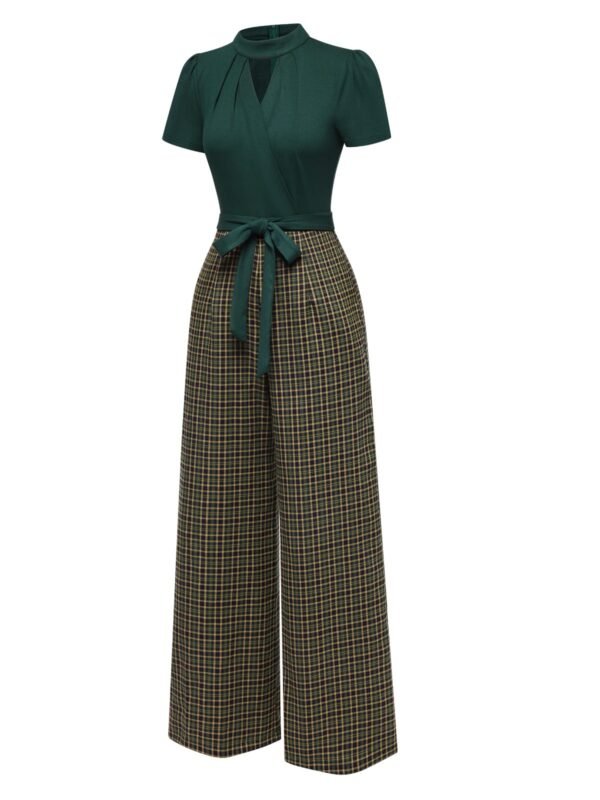 Green 1930s Plaid Keyhole Neck Belted Jumpsuit – Bild 4