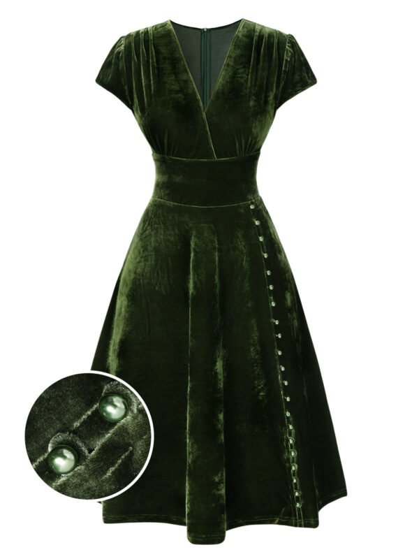 Green 1940s Deep V-Neck Pearl Velvet Dress – Bild 2