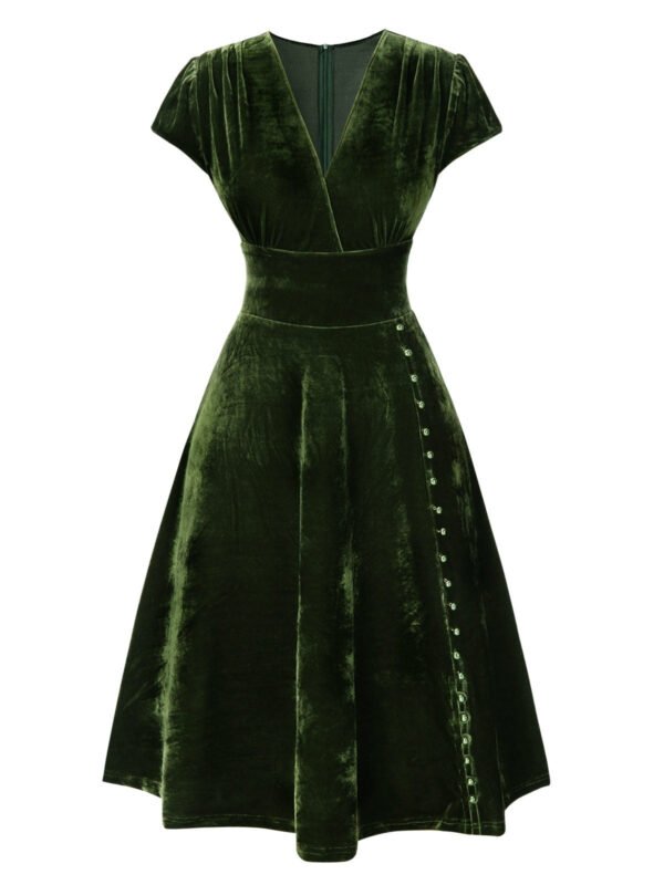 Green 1940s Deep V-Neck Pearl Velvet Dress – Bild 3