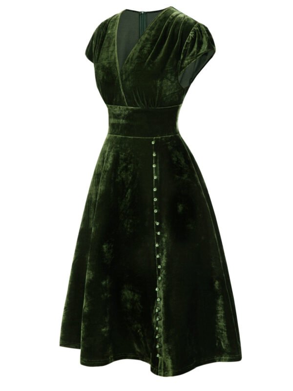 Green 1940s Deep V-Neck Pearl Velvet Dress – Bild 4