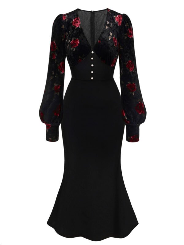 Black 1930s Rose Velvet Fishtail Dress – Bild 2