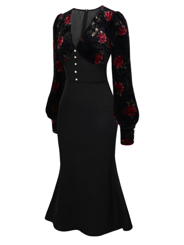 Black 1930s Rose Velvet Fishtail Dress – Bild 3