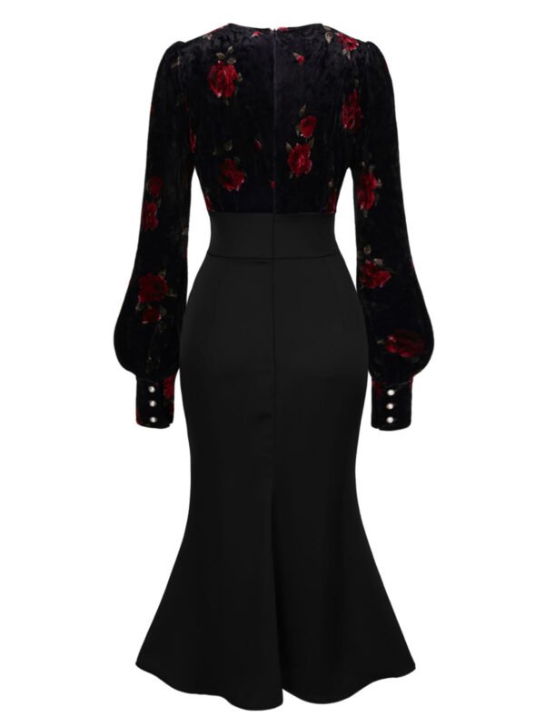 Black 1930s Rose Velvet Fishtail Dress – Bild 4