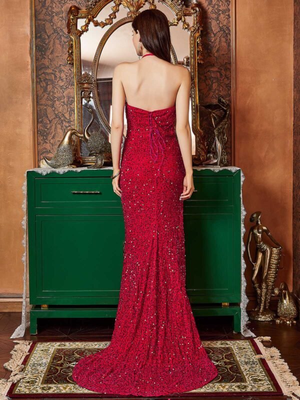 Red 1920s Halter Sequined Side Slit Maxi Dress – Bild 2