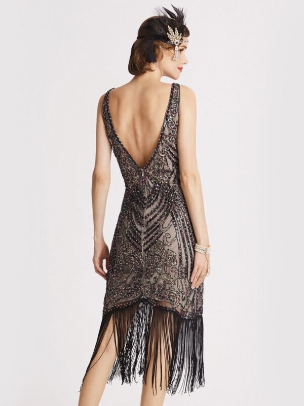 Black 1920s V-Neck Floral Sequined Dress – Bild 4