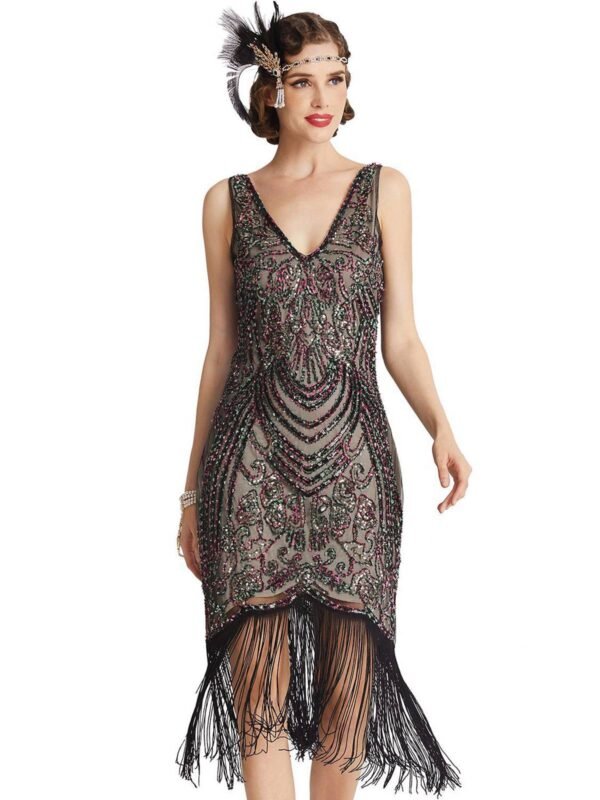 Black 1920s V-Neck Floral Sequined Dress – Bild 3