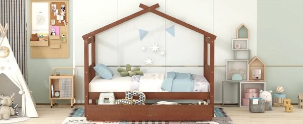Upgrade your bedroom decor with this cozy and elegant Twin Size Wooden House Bed. Featuring spacious drawers and a stylish walnut finish this bed is the perfect addition to your bedroom. – Bild 6